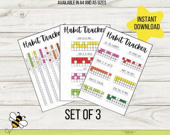 May include: Set of three printable monthly habit trackers. Each tracker has a grid with 31 squares for each day of the month. The trackers include habits like "Drink 8 glasses of water", "Read for 20 mins", and "Make the bed".