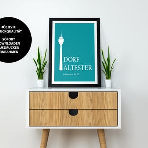 Affiche Düsseldorf, dorpsoudste, Rijntoren, affiche Düsseldorf, geschenk Düsseldorf