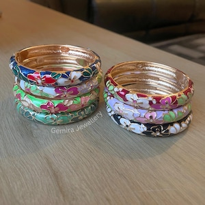 Enamel Flower Bangles: Cloisonne,  Chunky Bangle, Floral Bracelet, Boho Jewellery, Y2K, Gift for Her