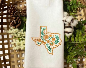 Embroidered Texas Tea Towel: Yellow Gold Decor, Farmhouse Kitchen Gift