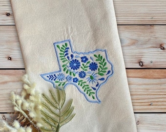 blue embroidered Texas Tea Towel: Decorative Kitchen Gift