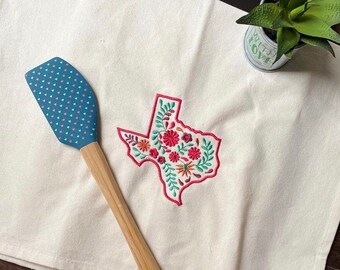 red Embroidered Texas Kitchen Towel: Handmade Cotton Tea Towel