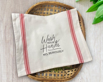 Embroidered Kitchen Towel, Wash Your Hands, Striped Vintage Style