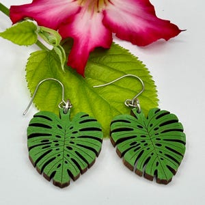 Monstera Leaf Plant Earrings | Wooden Plant Dangle Drop Earrings  | Handpainted