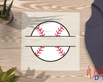 May include: A baseball design with a split circle, featuring red stitching on a white background. The design is bisected by a horizontal black line. The image is on a light wood grain surface.