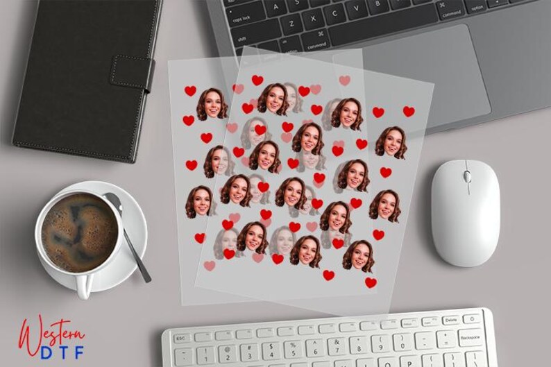 a computer keyboard, mouse, mouse pad, and photo of a woman's