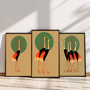Japanese Cranes Print | Vintage Bird Wall Art | Asian Wall Art | Birds | Brownish Green | Bird Lover Gift | Digital DOWNLOAD | PRINTABLE