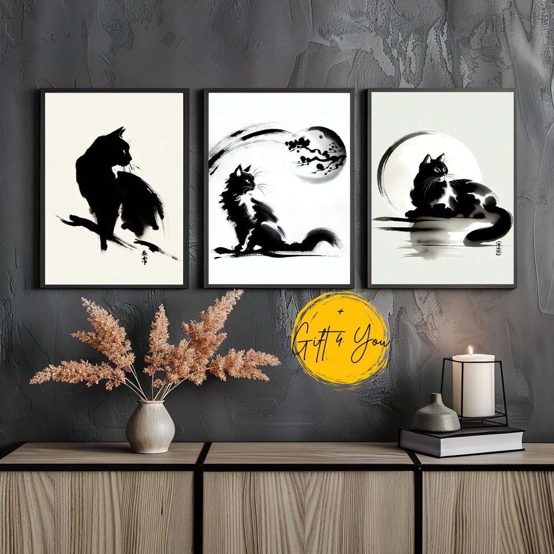 Japanese Cat Wall Art Set of 3 | Sumi-e Ink Wash Printable | Minimalist ...