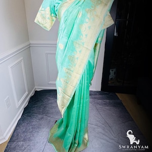 Pure Pista Green Silk Mango Saree with Gold Zari Buttas & Traditional Zari Border | Ready to Wear | Stitched blouse size extends 38 up to 42