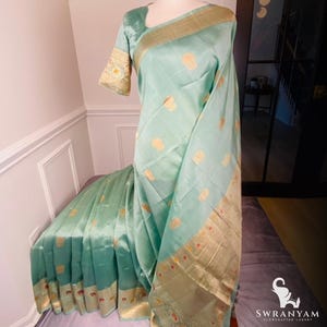Green Mashru Mango Silk Saree with Gold Zari Meenakari Border | Ready to Wear | Stitched blouse size extends 38 up to 42