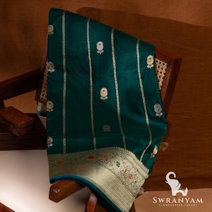 Bottle Green Banarasi Silk Saree: Gold Zari Floral Border, Ready to wear