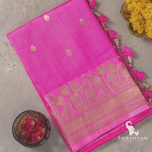 Pure Hot Pink Banarasi Silk Saree with Zari Rose Buttas & Floral Border Paired with Stitched Blouse | Silk Mark Certified