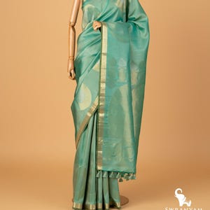 Pure sea Green Gadwal Silk Saree with Jamdani gold silver Borders, Handloom Zari Double Weave & Blouse | Silk Mark Certified | Ready to Wear