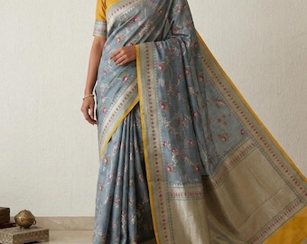 Handwoven Banarasi Tussar Georgette Saree: Grey-Blue with Yellow Border, stitched blouse