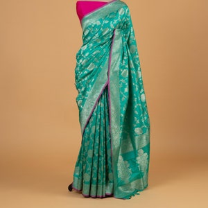 Greenish Blue Katan Silk Banarasi Saree: Meenakari Jaal Zari Border, SILK MARK CERTIFIED