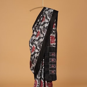 Gray Ikkat Pure Silk handwoven Saree with cambodian ikat Pattern and black Borders | SILK MARK CERTIFIED