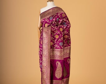 Magenta Pink Katan Silk Banarasi Saree: Meenakari Zari Woven Border Handwoven | Ready to Wear