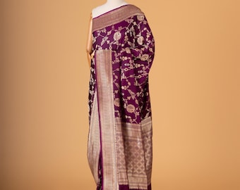 Handwoven Banarasi Katan Silk Saree: Wine Purple Zari Border, Ready to wear