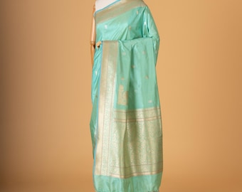 Blue Green Katan Silk Banarasi Saree: Handwoven Gold Zari Kadhua Weave