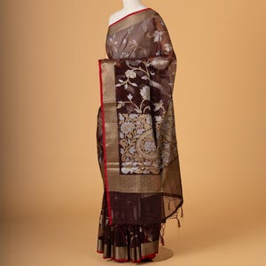 Brown Kora Organza Jamdani Saree: Zari Woven Designer Saree