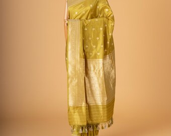 Lime Green Katan Silk Banarasi Saree: Handwoven Gold Zari, SILK MARK CERTIFIED