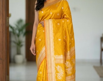Mustard Yellow Katan Silk Banarasi Saree: Handwoven Zari Border