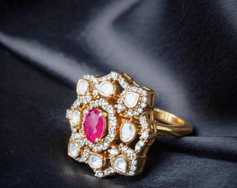 92.5 silver Premium Moissanite Polki statement ring, red ruby stone- Party wear Silver ring, Gifting Jewelry, White gold rings