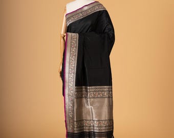 Black Katan Silk Banarasi Saree: Handwoven Zari Border, Ready to wear