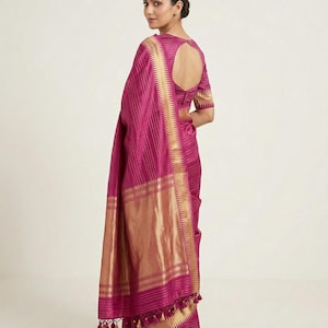 Ruby Pink Mashru Mango Silk Saree with Gold Zari Border | Ready to Wear | Stitched blouse size extends 38 up to 42.