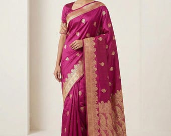 Pure Wine Silk Mango Saree with Gold Zari Buttas & Grand Traditional Zari Border | Ready to Wear | Stitched blouse size extends 38 up to 42.