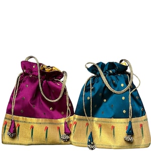 Bright Banarasi Paithani potli bag with gold handle made from premium fabrics Varalakshmi pooja return gifts,varalakshmi puja,tambulam gifts