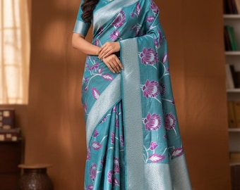 Handwoven Steel Blue Banarasi Tussar Georgette Saree: Lotus & Zari