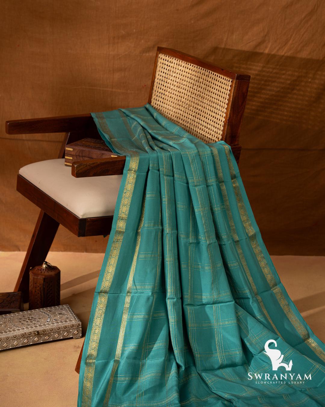 Pure Light Teal Blue Mysore Silk Saree with Gold Zari Stripe Weave Pure CSG Zari Premium Quality 120 GSM Stitched Blouse (38-42)