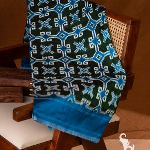 Pure Blue-Green Telia Rumal Inspired Silk Saree | Handwoven Pochampally Ikat with Geometric Motifs | Ready to Wear