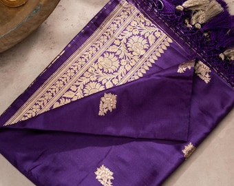 Purple Banarasi Silk Dupatta: Paisley Zari, Floral Brocade Border
