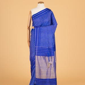 Bright Blue Ikkat Pure twill patola premium Handwoven Saree with Silver Pallu and Contrast Borders | SILK MARK CERTIFIED