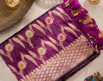 Plum Purple Banarasi Silk Dupatta: Floral Zari Weave, Diamond Border
