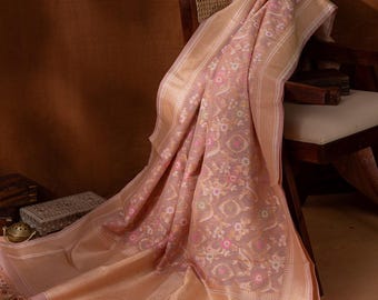 Peach Banarasi Ektara Kora Jamdani Saree  Saree: Silver Zari & Floral Meenakari