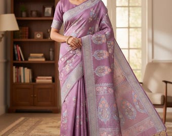 Mauve Banarasi katan silk Tissue Saree: Floral Meenakari Zari jaal Weave