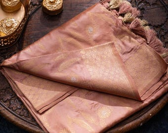 Handwoven Banarasi Silk Dupatta: Dusky Rose Floral Zari Weave
