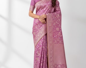 Lavender Banarasi Cotton Jamdani Saree: Silver Zari Floral Jaal, Golden Border