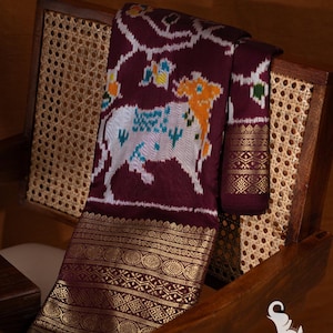 Maroon Ikat Silk Saree: Kanjivaram Twill with Gold Zari Border