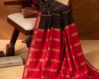 Pure Brown & Red Mysore Silk Saree with Gold Zari checks Weave | Pure CSG Zari | Premium Quality | 120 GSM | Stitched Blouse (38–42)