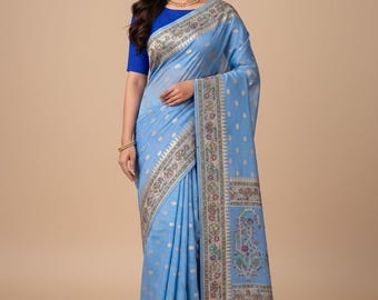Blue Banarasi Tussar Georgette Saree: Gold Zari & Floral Meenakari Border