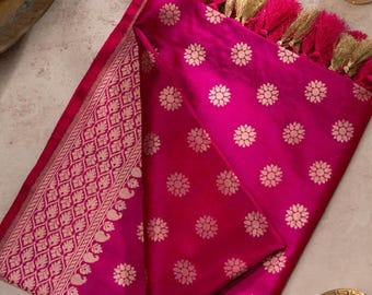Rani Pink Banarasi Silk Dupatta: Handwoven Floral Zari Pallu