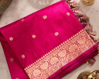 Rani Pink Banarasi Silk Dupatta: Handwoven Zari Butta, Floral Border