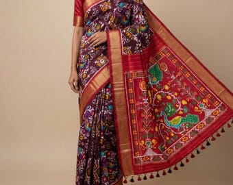 Handwoven Premium Pochampally Ikat Silk Saree | Brown Twill with multi coloured Peacock Motifs
