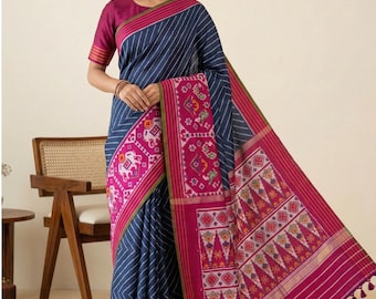 Navy Blue Twill Weave Patola Premium Double Ikkat Saree with Pink Figure Border | Ready to Wear