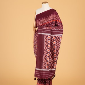 Maroon Ikkat Pure Silk Handwoven Saree with Multicolor Diamond Pattern and Self Borders | SILK MARK CERTIFIED
