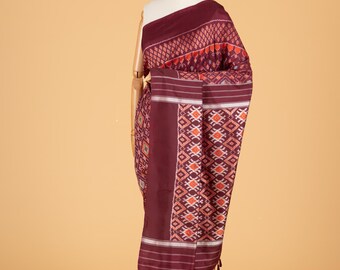 Maroon Ikkat Silk Saree: Handwoven Diamond Pattern, SILK MARK CERTIFIED